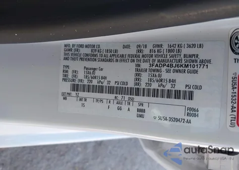 2019 Ford Fiesta Se z USA, uszkodzony, nr VIN 3FADP4BJ6KM101771